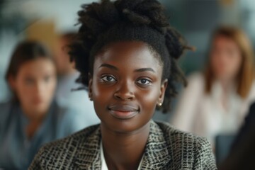 Fototapeta premium Young black businesswoman in focus during a office meeting