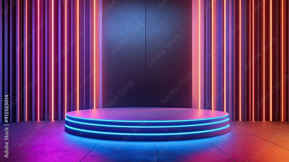 Poster abstract 3d podium with tech lighting and a modern circular platform. perfect for showcasing product