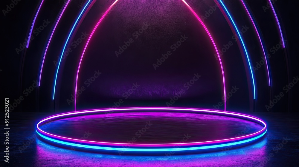Poster abstract 3d podium with tech lighting and a modern circular platform. perfect for showcasing product