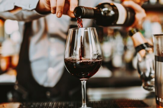 Bartender Skillfully Pours Rich Red Wine Into Elegant Glass at Busy Evening Bar