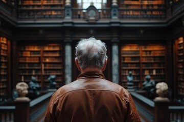 Fototapeta premium An elderly man in a brown leather jacket stands in a grand library, gazing at the ornate decorations and extensive collection of books, conveying nostalgia and wisdom.