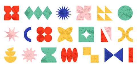 Variety of trendy simple colorful geometric shapes, figures and forms with risograph effect