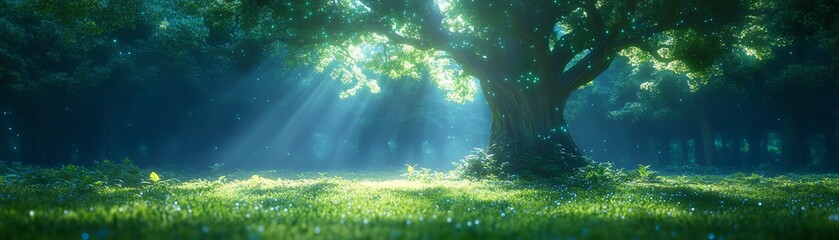 Fototapeta premium An enchanting low-angle perspective of a sprawling enchanted forest with giant bioluminescent trees