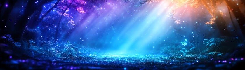 An enchanting low-angle perspective of a sprawling enchanted forest with giant bioluminescent trees