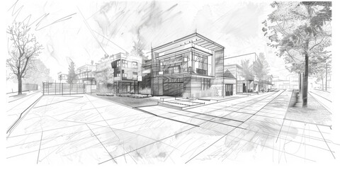 Fototapeta premium A drawing of a city street with a building in the background. The drawing is in black and white and has a very clean and simple style. Scene is calm and peaceful, with the trees