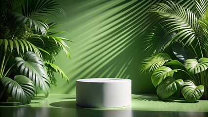 Obraz premium A sleek white product podium stands out against a lush green background, adorned with dramatic tropical palm leaves casting a stylish shadow.