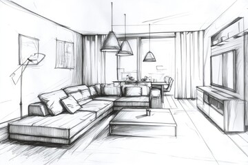 A drawing of a living room with a couch, coffee table, and a potted plant. The room has a modern and minimalist design, with white furniture and a neutral color palette