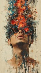 Surreal portrait of a man with an explosion of colors and abstract shapes emanating from his head, blending art and imagination.