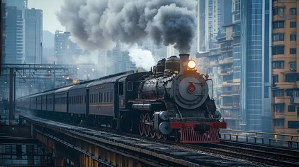 Fototapeta premium A vintage steam locomotive chugs through a modern cityscape, billowing smoke and creating a striking contrast between old and new.