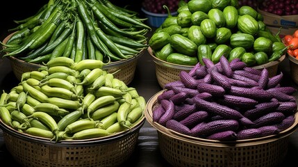 Ampalaya and eggplants for sale at a market in the Philippines. 