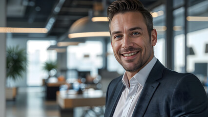Fototapeta premium A Happy Male Employee In a Suit Smiling in Front of a Modern Office