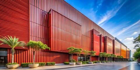 Vibrant modern architecture shopping mall in BSD, Tangerang, Indonesia, features a striking red zinc texture wall and metal wall with retro vibes on a sunny day.