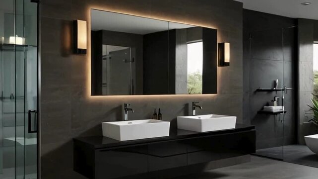 Modern Bathroom with Black Cabinets, Double Sinks, and a Window View