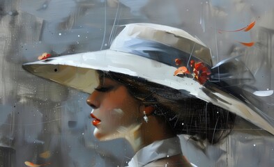 Abstract Painting of an Elegant Woman with a Hat in Profile View
