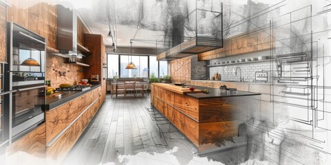 Draw sketch kitchen interior
