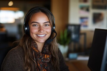 A young woman with long hair, dressed warmly, is wearing a headset and smiling while working at her computer in an office that exudes comfort and professionalism.