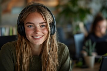A young woman with long hair is smiling while wearing large headphones and sitting in her modern work environment which features many plants, reflecting a balanced workspace.