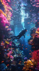 Diver Exploring Vibrant Coral Reef Beneath Crystal Clear Waters of an Enchanted Ocean