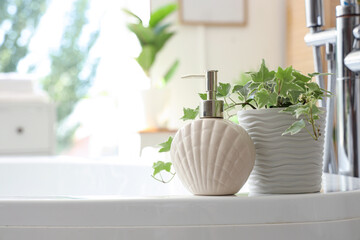 Houseplant and bottle of cosmetic product on bathtub in light bathroom, closeup