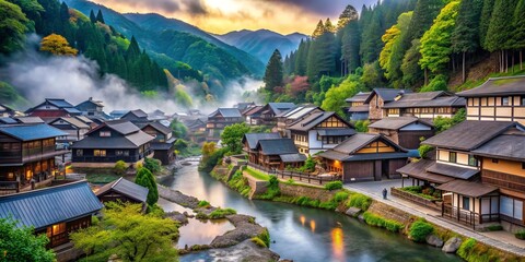 Naklejka premium Scenic traditional Japanese village nestled in mountains, featuring historic architecture, serene forests, and hot spring resorts, surrounded by lush greenery and misty atmosphere.