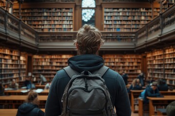 Fototapeta premium A person stands with their back to the camera wearing a backpack in an elegant, vast library filled with shelves of books and multiple people studying.