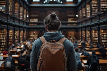Naklejka premium A person with a backpack is seen inside a vast and elegant library, densely packed with wooden shelves full of books. Many people are seen studying at wooden tables.