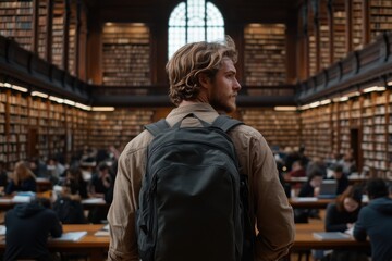 Fototapeta premium An individual with a dark backpack stands in a grand library, filled with numerous books, as others focus on their studies in this vast, historic, and serene environment.