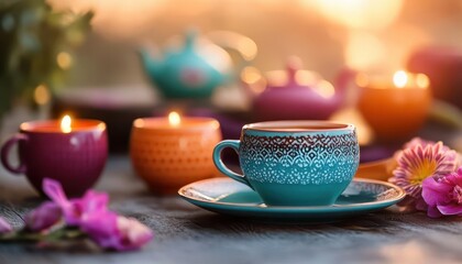 Tea time, vibrant colors, cozy setting, close-up, inviting