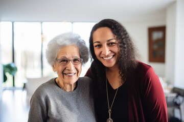 Portrait of a senior Hispanic woman with her caregiver in nursing home