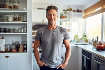 Portrait of a middle aged fit man standing in kitchen with vegetables