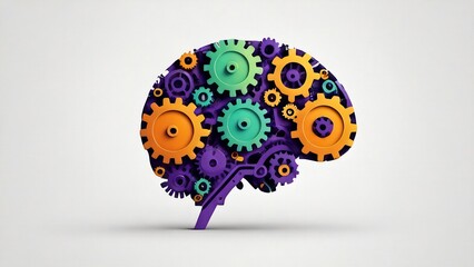Cerebro conformado por engranes de diferentes tama&ntilde;os, de colores, muestra una maquinaria perfecta, creativa, colorida, imaginativa. Neurociencias. morado, naranja, verde. 