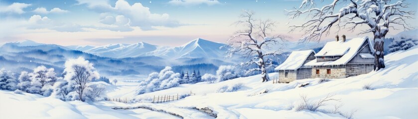 Fototapeta premium Cabin with smoking chimney, snow-laden surroundings, peaceful solitude, watercolor style