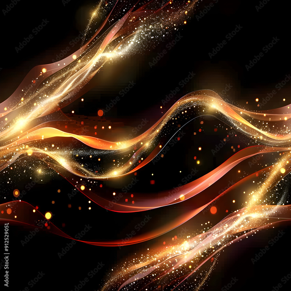 Poster Abstract golden wavy pattern shining on black background