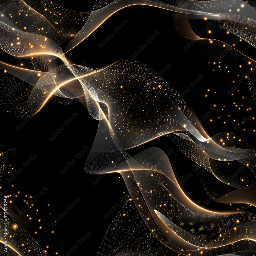 Poster golden particles flowing on black background forming abstract pattern