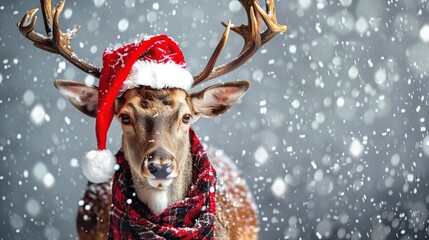 Deer in santa hat and scarf christmas background