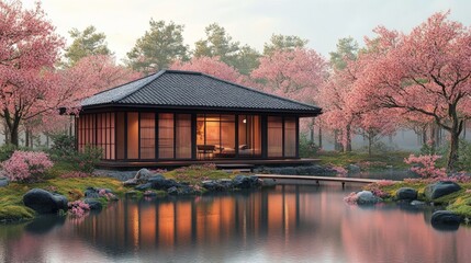 Obraz premium Tranquil Japanese Tea House in Cherry Blossom Garden