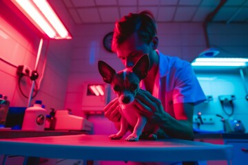 Veterinary Doctor Conducts Medical Check-Up on Tiny Dog in Neon Lit Examination Room