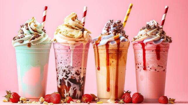Different delicious freak shakes on color background