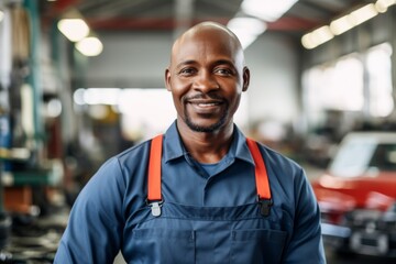 Obraz premium Portrait of a smiling middle aged African American male car mechanic