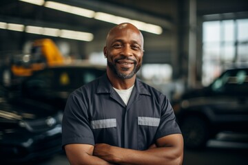 Obraz premium Portrait of a smiling middle aged African American male car mechanic