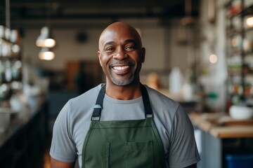 Fototapeta premium Portrait of a smiling male middle aged African American bartender