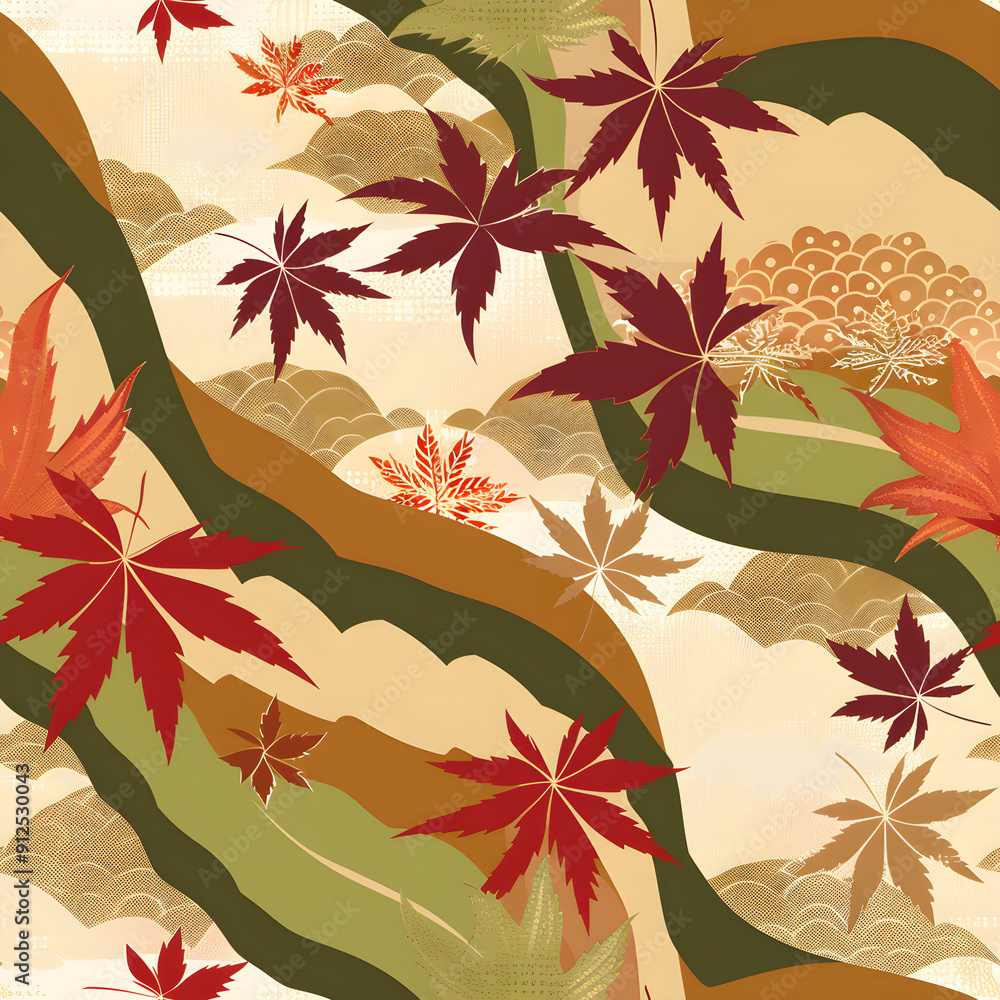 Poster japanese style seamless pattern featuring red maple leaves flowing over wavy lines