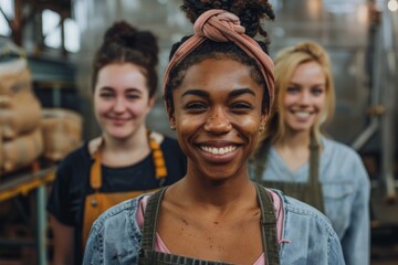 Obraz premium Portrait of a smiling group of diverse female workers in factory