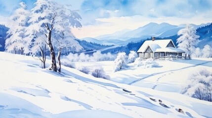 Obraz premium Lonely cabin, deep snow, quiet winter retreat, watercolor style