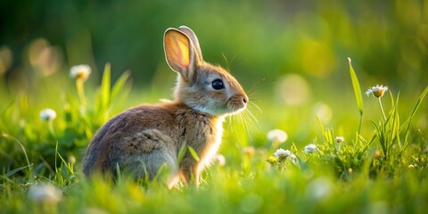 Fototapeta premium A small, curious rabbit ventures solo, its fluffy white tail twitching, as it explores a lush meadow, leaving its unseen companions behind.