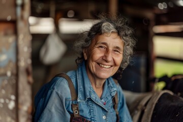 Obraz premium Portrait of a smiling middle aged female farmer in barn