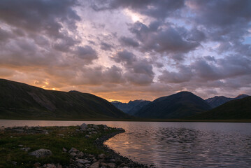 lake mountains clouds sunrise sunlight
