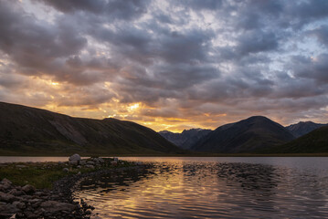 lake mountains clouds sunrise sunlight