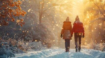 Two women walking in the snow, one wearing a red jacket