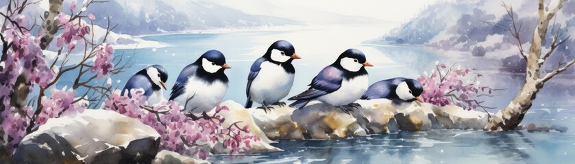 Fototapeta premium Penguins huddled together, Antarctic snow, serene winter scene, watercolor style